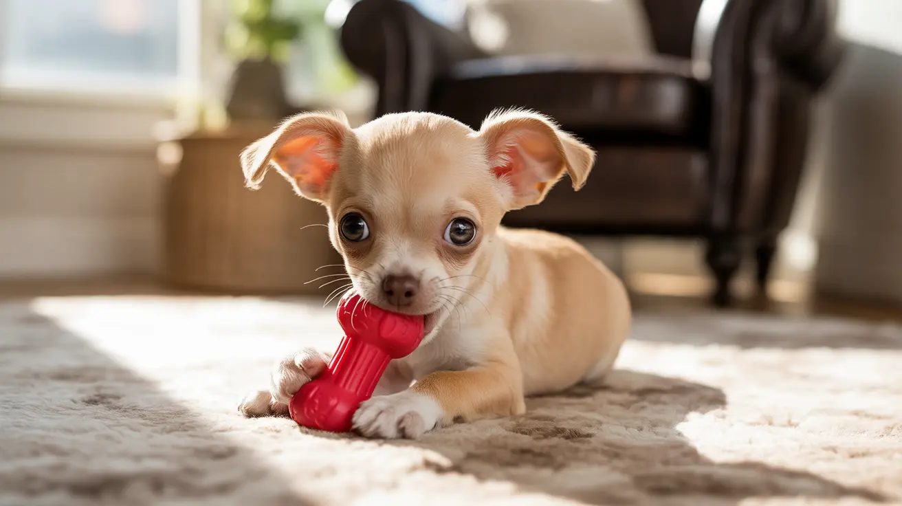A tiny beige Chihuahua puppy playing with a bright red chew toy on a soft carpet