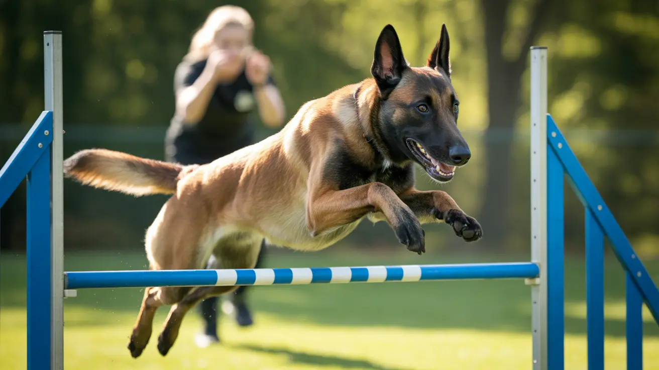A Belgian Malinois leaping over an agility training obstacle with precision and enthusiasm.