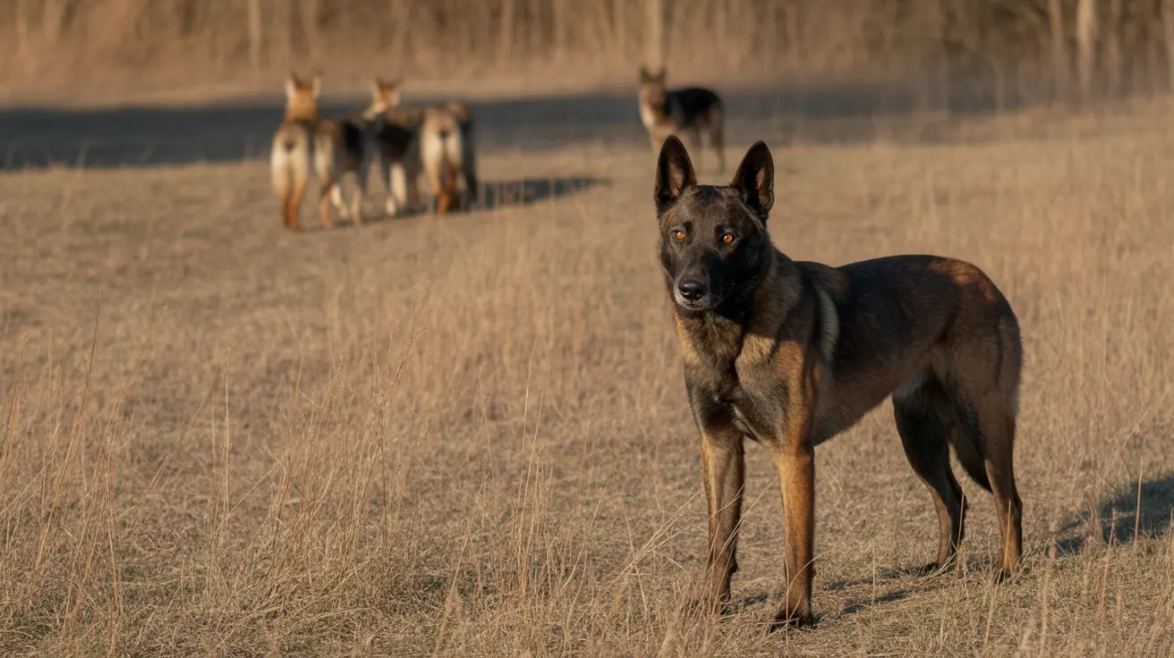 Belgian Malinois standing alert in dry grassland with other dogs in the background