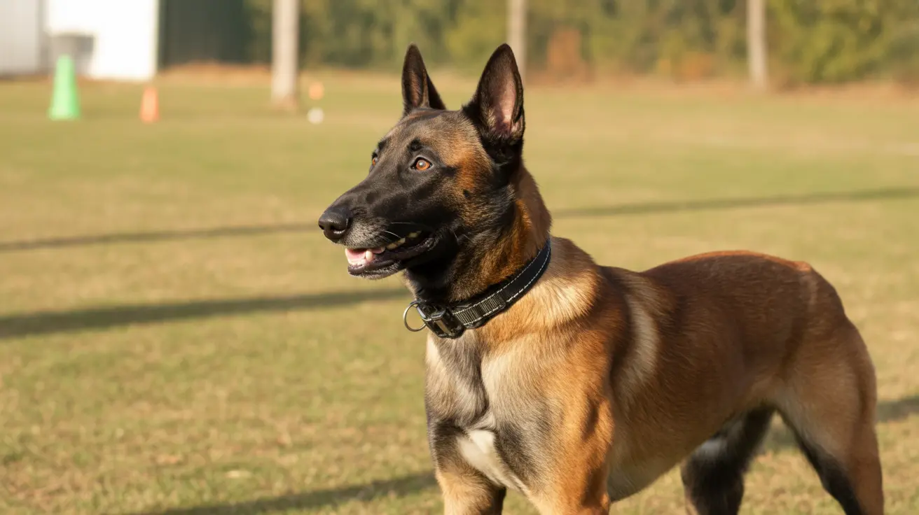 Belgian Malinois standing alert in grassy field wearing a black collar with open mouth and visible tongue