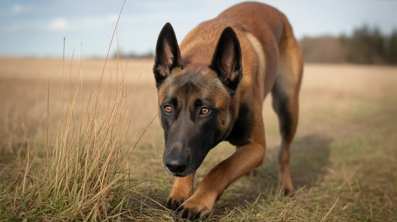 Belgian Malinois dog walking alert through grassy field with amber eyes
