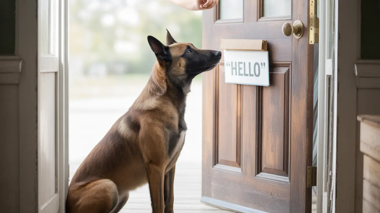 Belgian Malinois dog sitting attentively near an open door with a HELLO sign