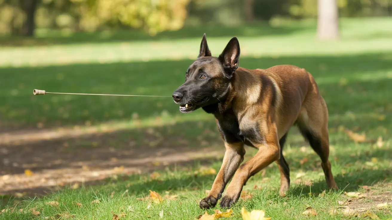 A Belgian Malinois dog mid-action with a long stick or training object in its mouth
