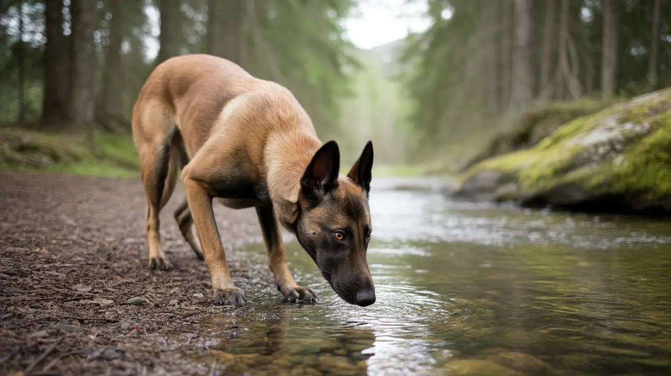 Belgian Malinois drinking water from a stream in a dense forest