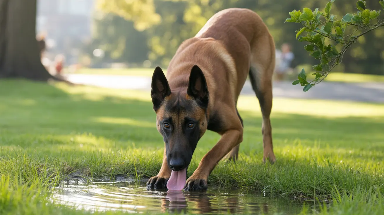 A Belgian Malinois drinking water from a small puddle in a lush green park setting