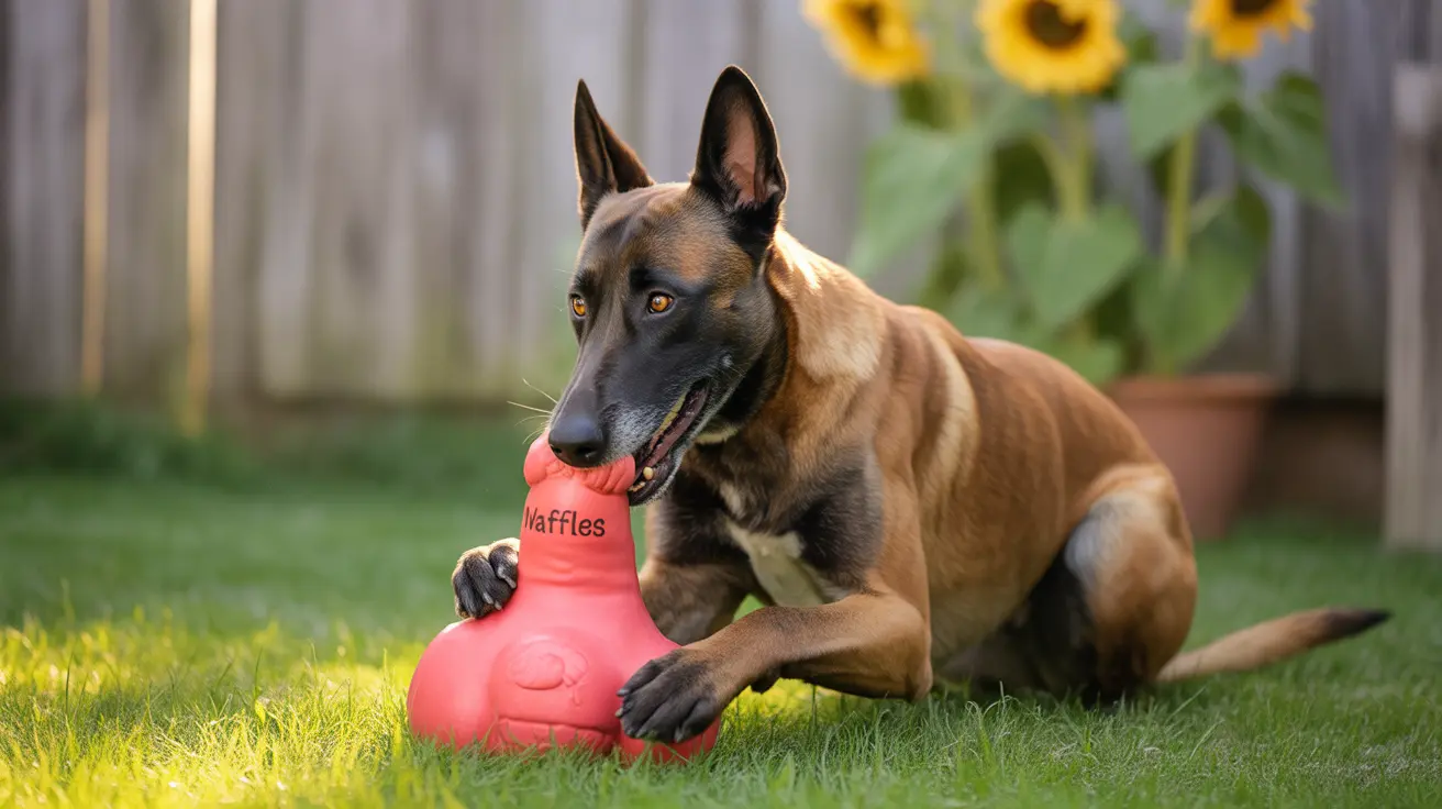 Un perro Malinois belga acostado sobre la hierba sosteniendo un juguete rojo etiquetado 'Waffles'