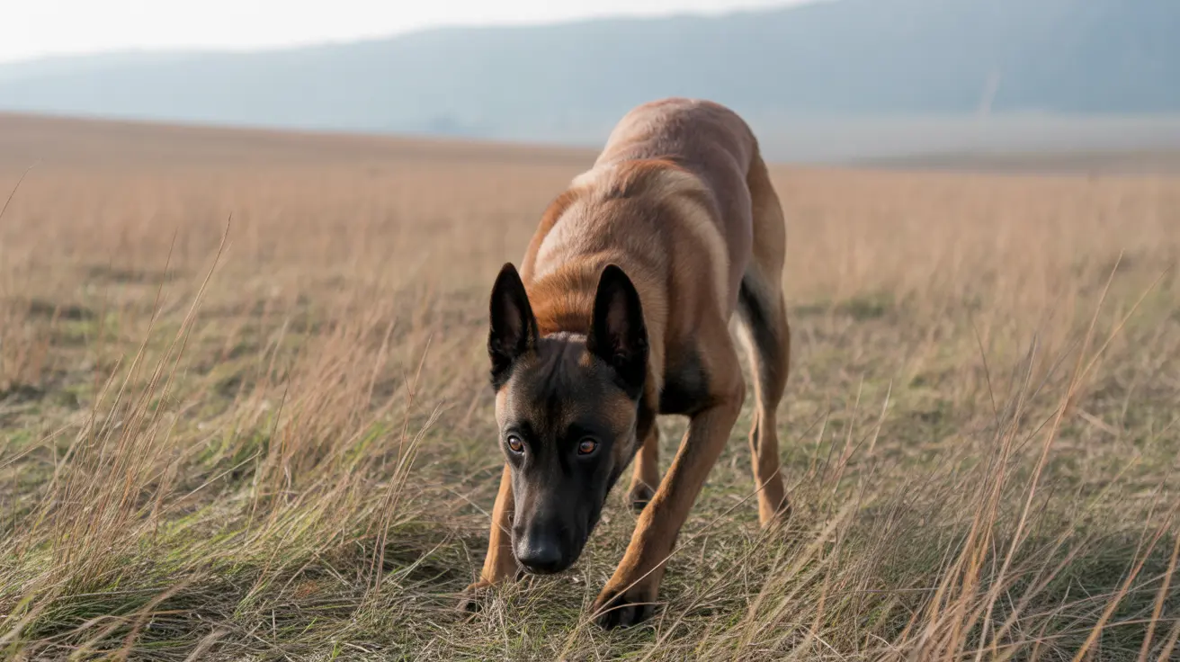 A Belgian Malinois crouching low in a grassy field with distant mountains