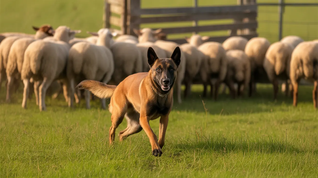 Belgian Malinois herding a large flock of sheep in a green pasture