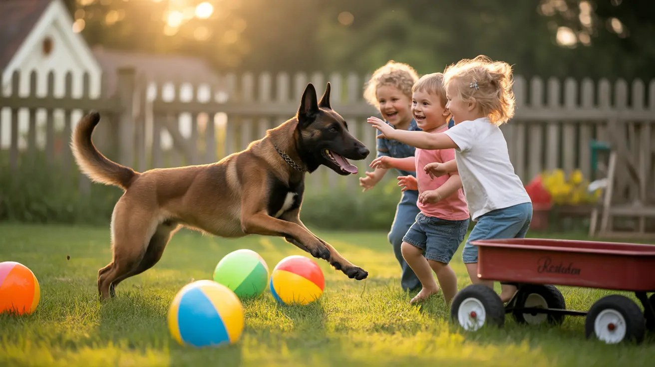 A playful Belgian Malinois dog running and playing with young children in a sunny backyard.