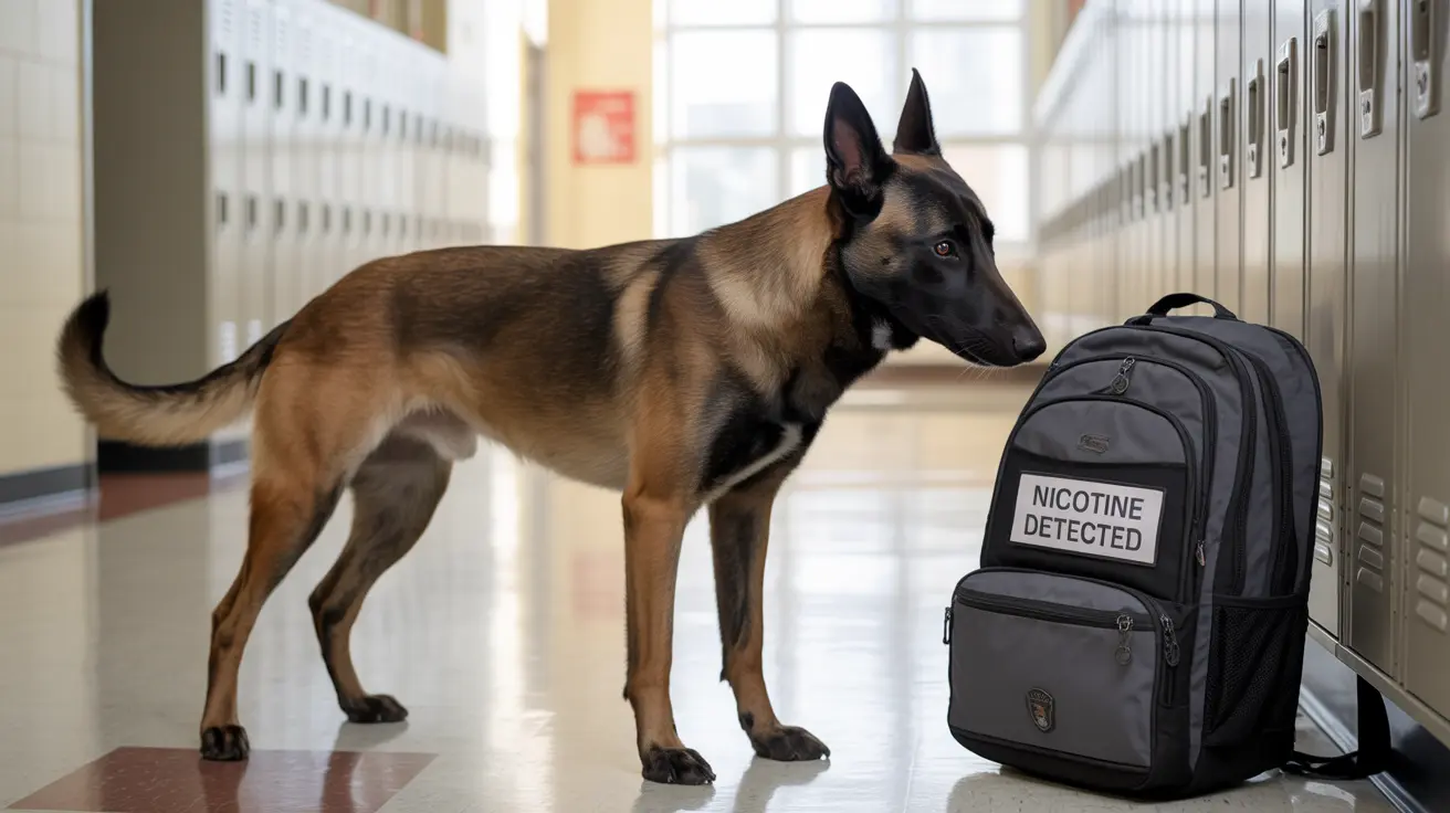 A Belgian Malinois police or detection dog standing alert next to a backpack with a 'Nicotine Detected' label