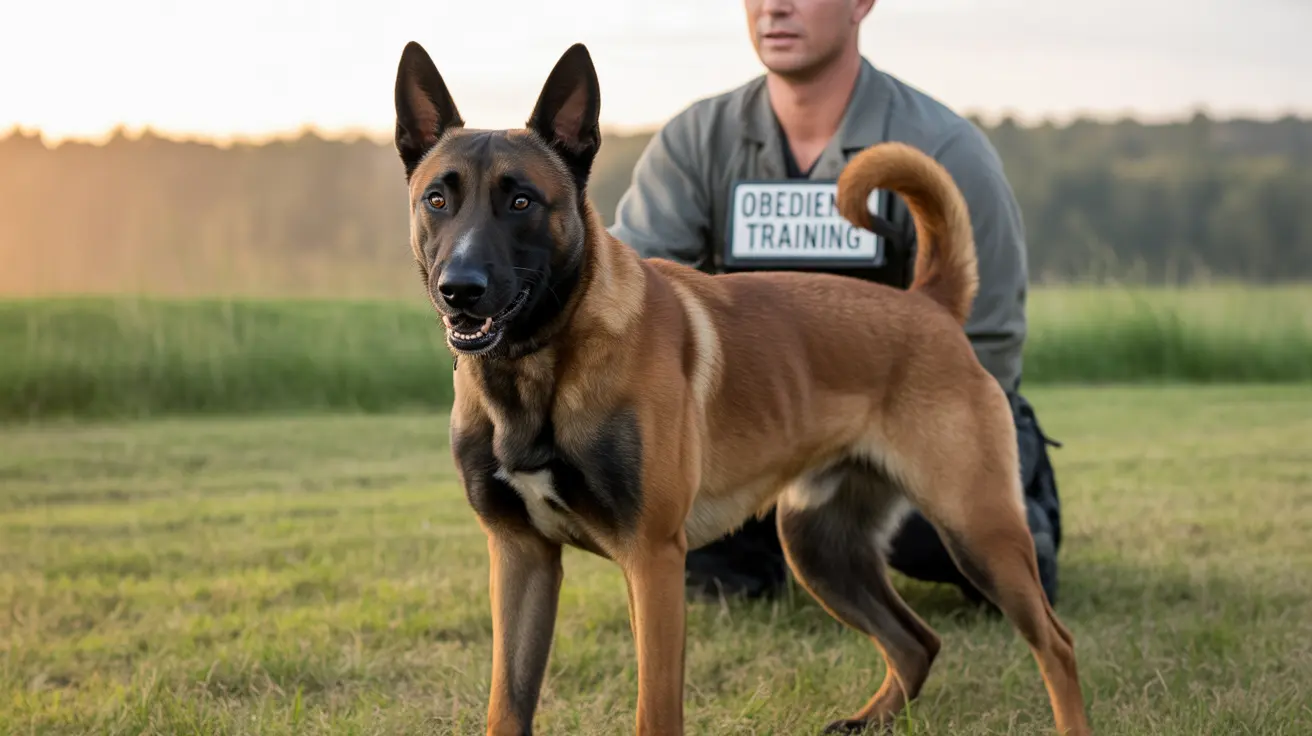 Belgian Malinois standing confidently during an obedience training session in an outdoor field