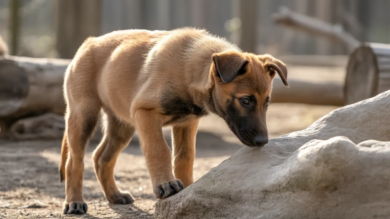 Un cachorro joven de Belgian Malinois explorando un entorno rocoso al aire libre con curiosidad