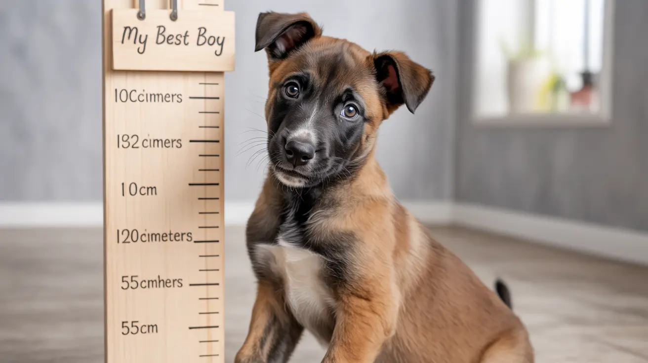 A young puppy sitting next to a wooden height measurement chart labeled 'My Best Boy'