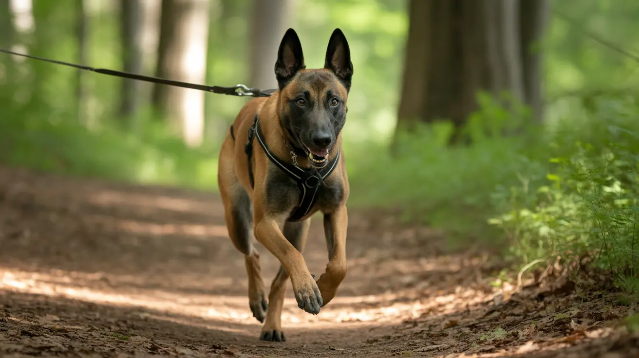 Belgian Malinois running on forest trail wearing a harness and leash
