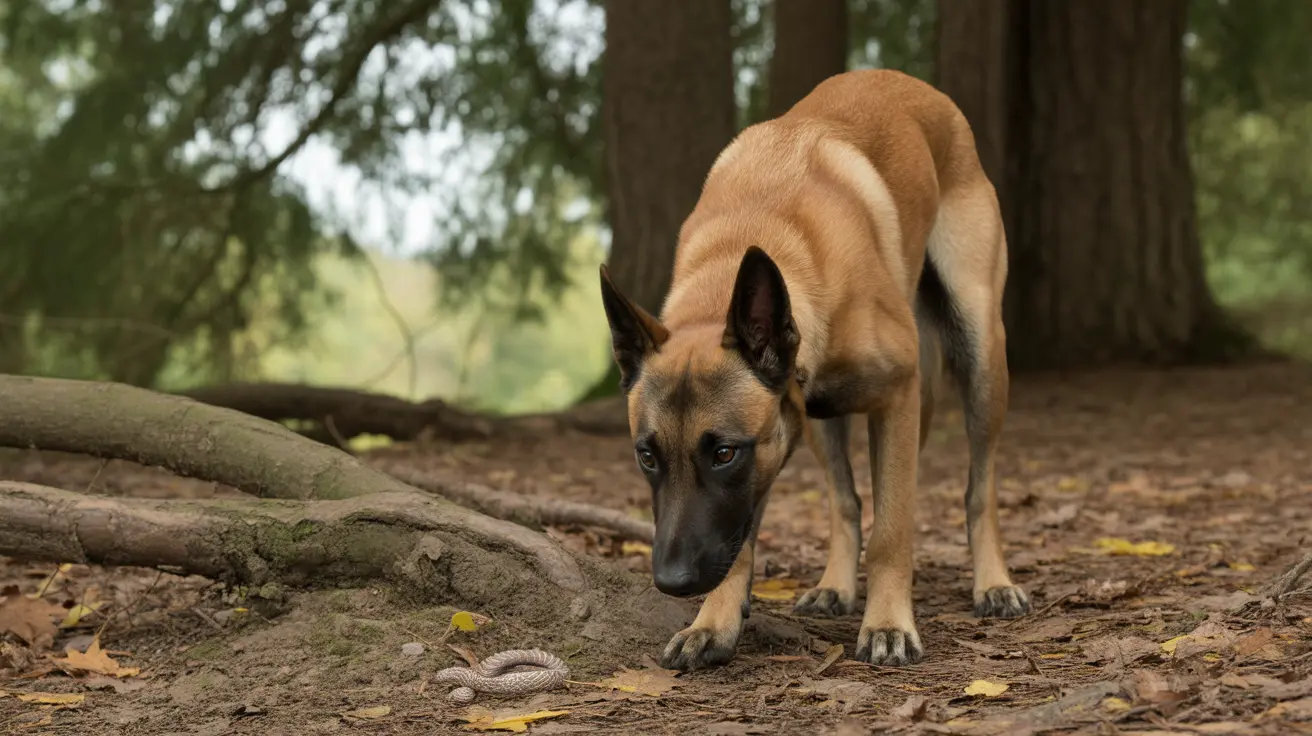 A Belgian Malinois cautiously investigating a snake on the forest floor
