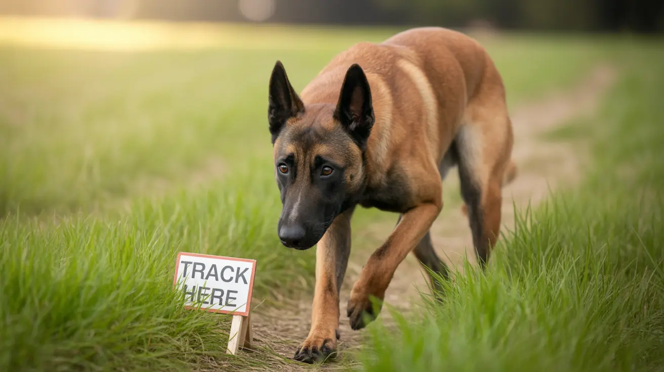 A Belgian Malinois tracking along a path with a 'Track Here' sign, demonstrating focused working dog behavior.