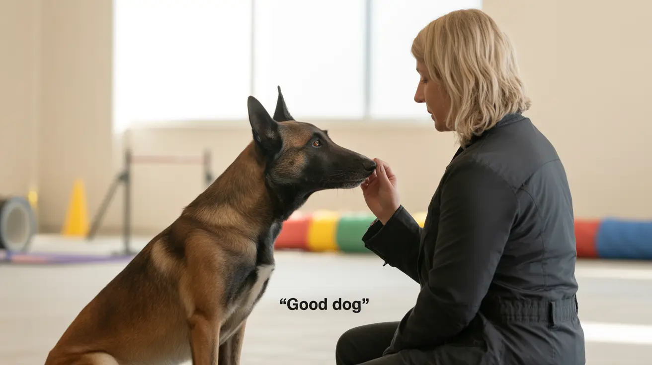 A Belgian Malinois dog receiving positive reinforcement from a trainer during a training session