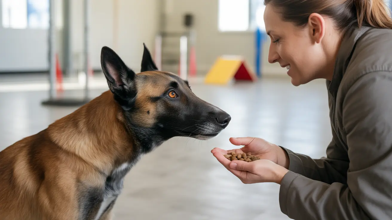 Belgian Malinois dog being trained with a treat indoors