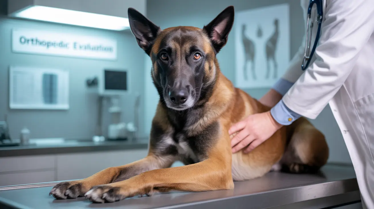 A Belgian Malinois dog sitting on an examination table in a veterinary orthopedic clinic