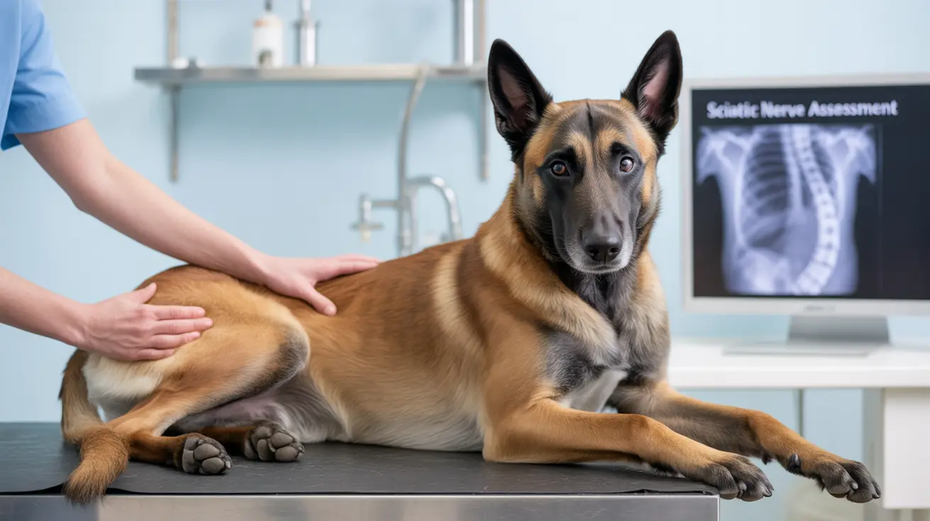 A Belgian Malinois receiving a veterinary examination with an X-ray scan in the background