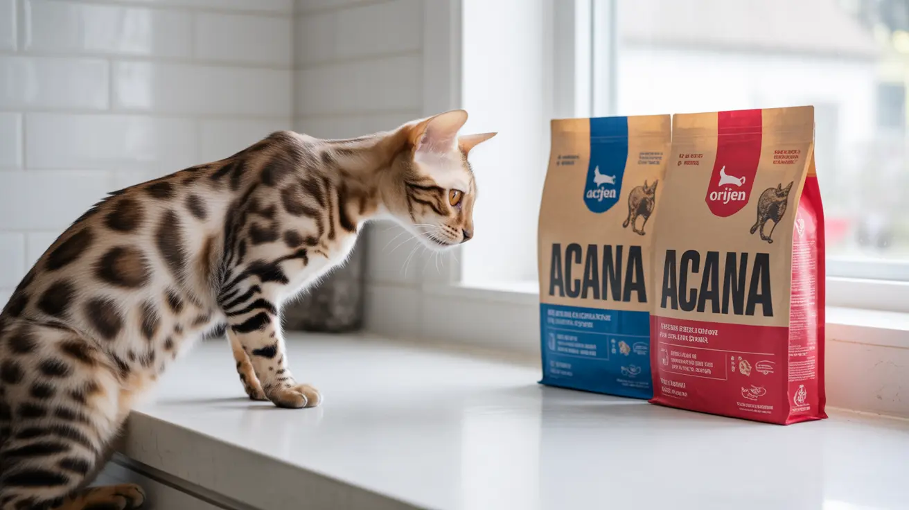 Un gato bengalí sentado en una encimera blanca al lado de bolsas de comida para gatos Acana.