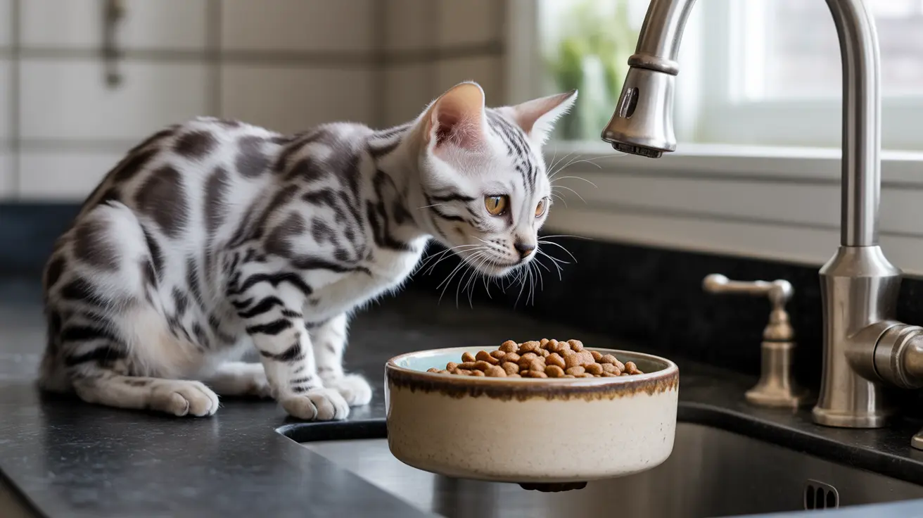 A silver and white Bengal cat sitting near a food bowl filled with dry cat food in a modern kitchen