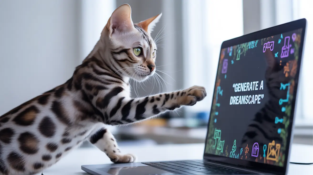A Bengal cat sitting at a laptop computer with a screen displaying 'Generate a Dreamscape'