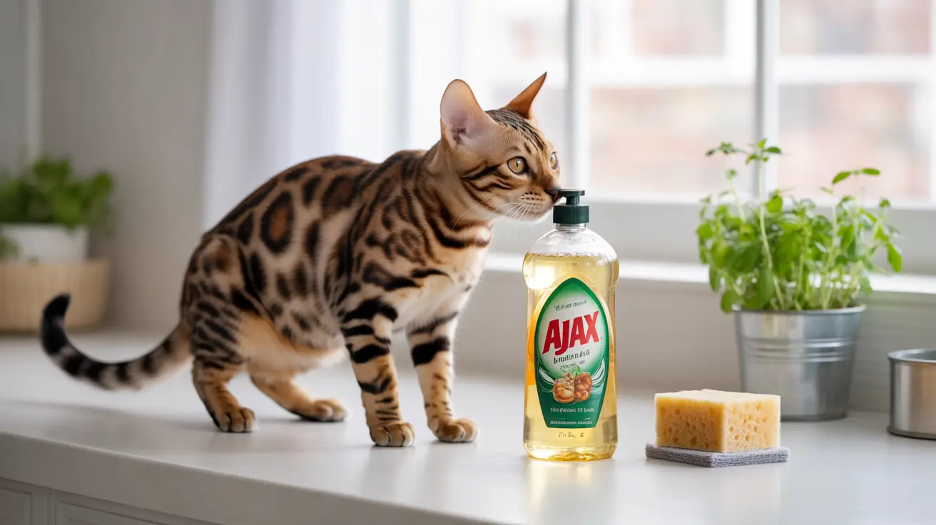 A Bengal cat near an Ajax cleaning bottle and a sponge on a kitchen counter