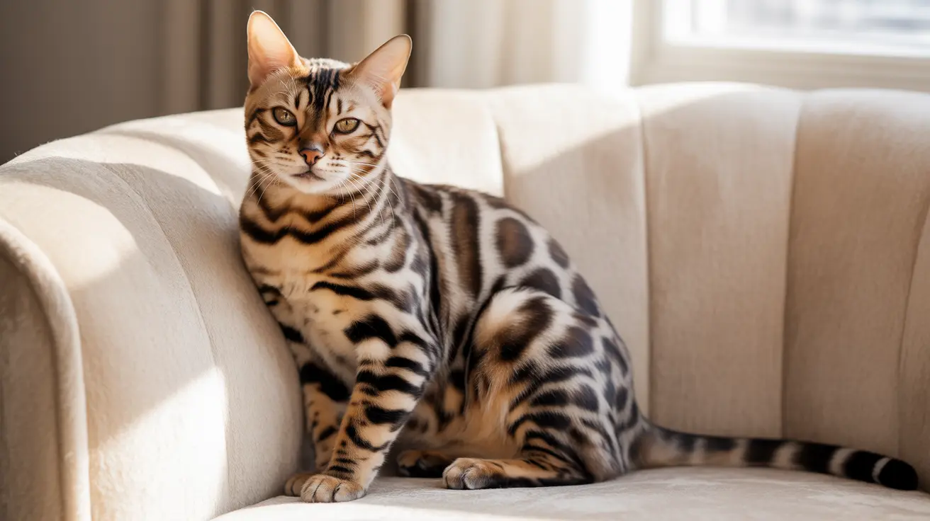 Bengal cat sitting alertly on a beige sofa in a bright modern living room