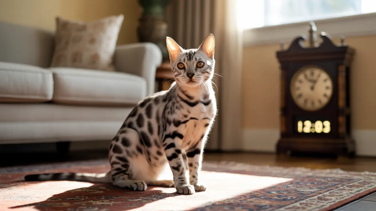 A silver and black spotted Bengal cat sitting alertly on a patterned area rug in a sunlit living room