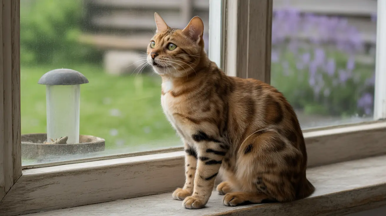 A Bengal cat sitting alertly on a windowsill, gazing outside with keen green eyes