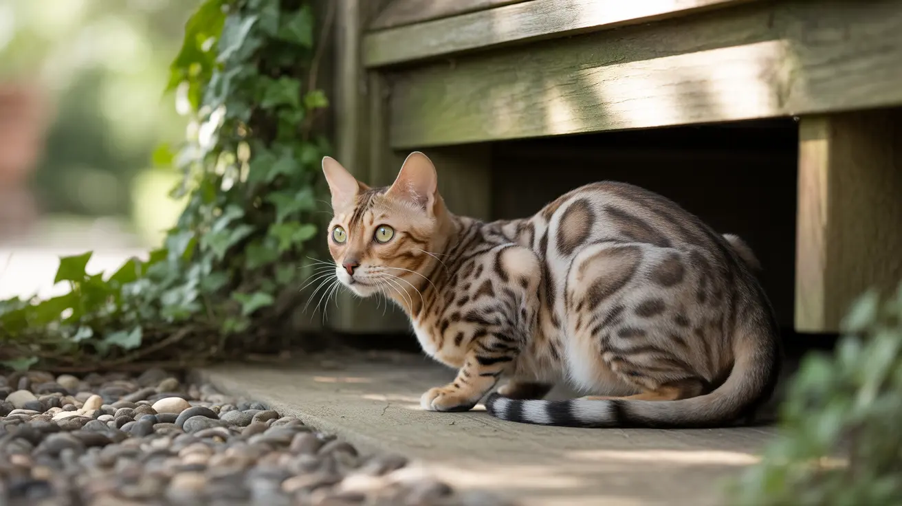 A Bengal cat sitting alertly next to a wooden structure in an outdoor setting