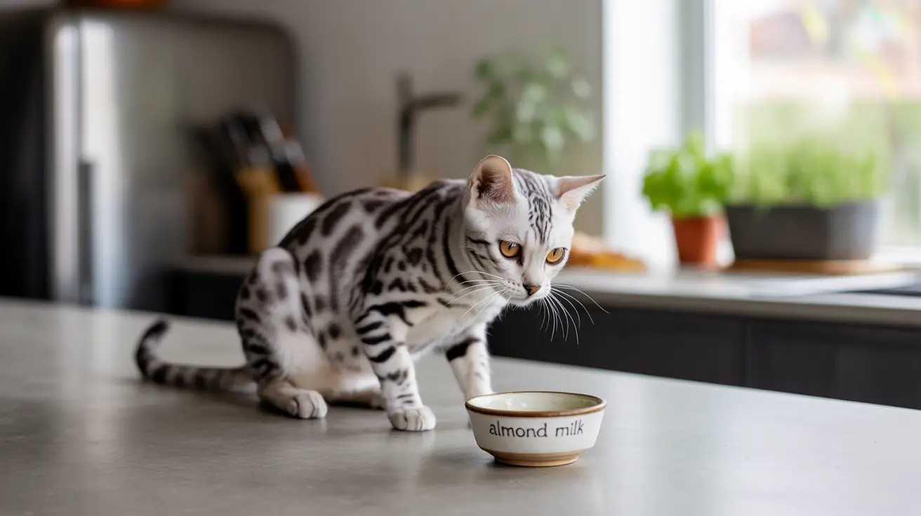 Silver and black spotted Bengal cat sitting near a bowl of almond milk on a kitchen countertop
