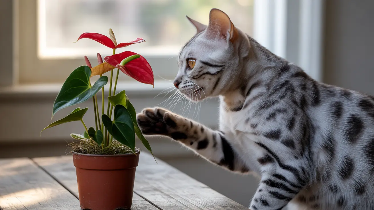 A silver and black spotted Bengal cat reaching out towards a red anthurium plant in a terracotta pot