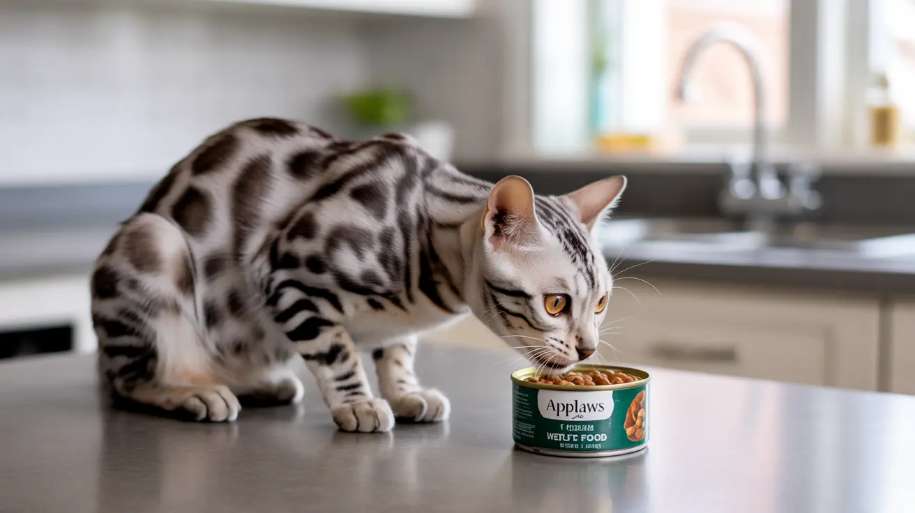 A Bengal cat eating from an Applaws wet food can in a modern kitchen