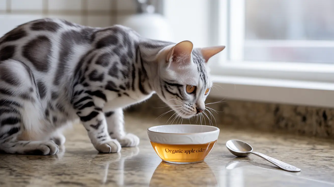 A silver and black spotted Bengal cat investigating a bowl of organic apple cider near a window