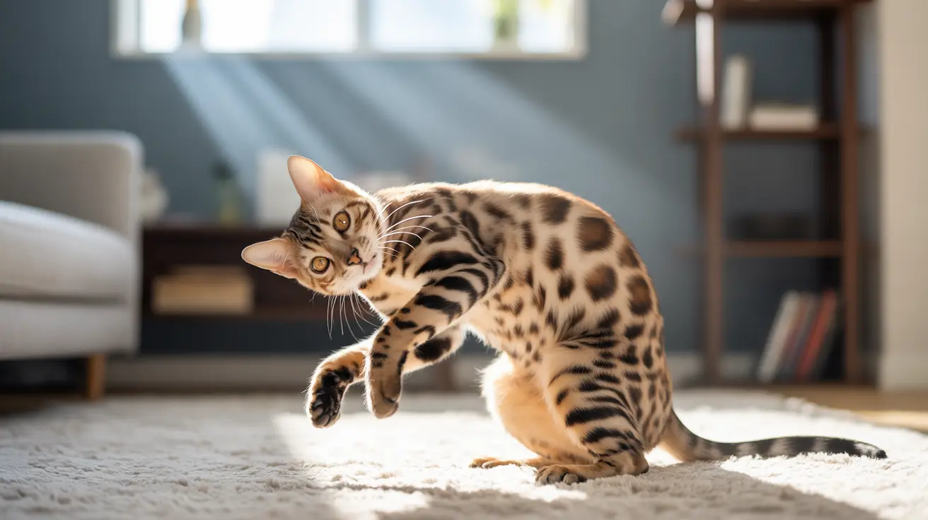 A Bengal cat mid-movement on a soft carpet, displaying its distinctive leopard-like spotted coat.