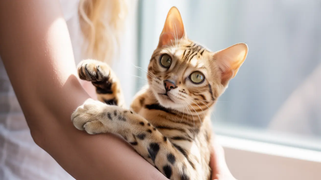 A Bengal cat with spotted fur resting on a person's arm