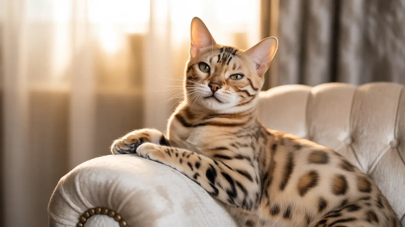 Un gato Bengalí descansa cómodamente en un sofá de color claro mientras suaves rayos de sol se filtran a través de las cortinas del fondo.