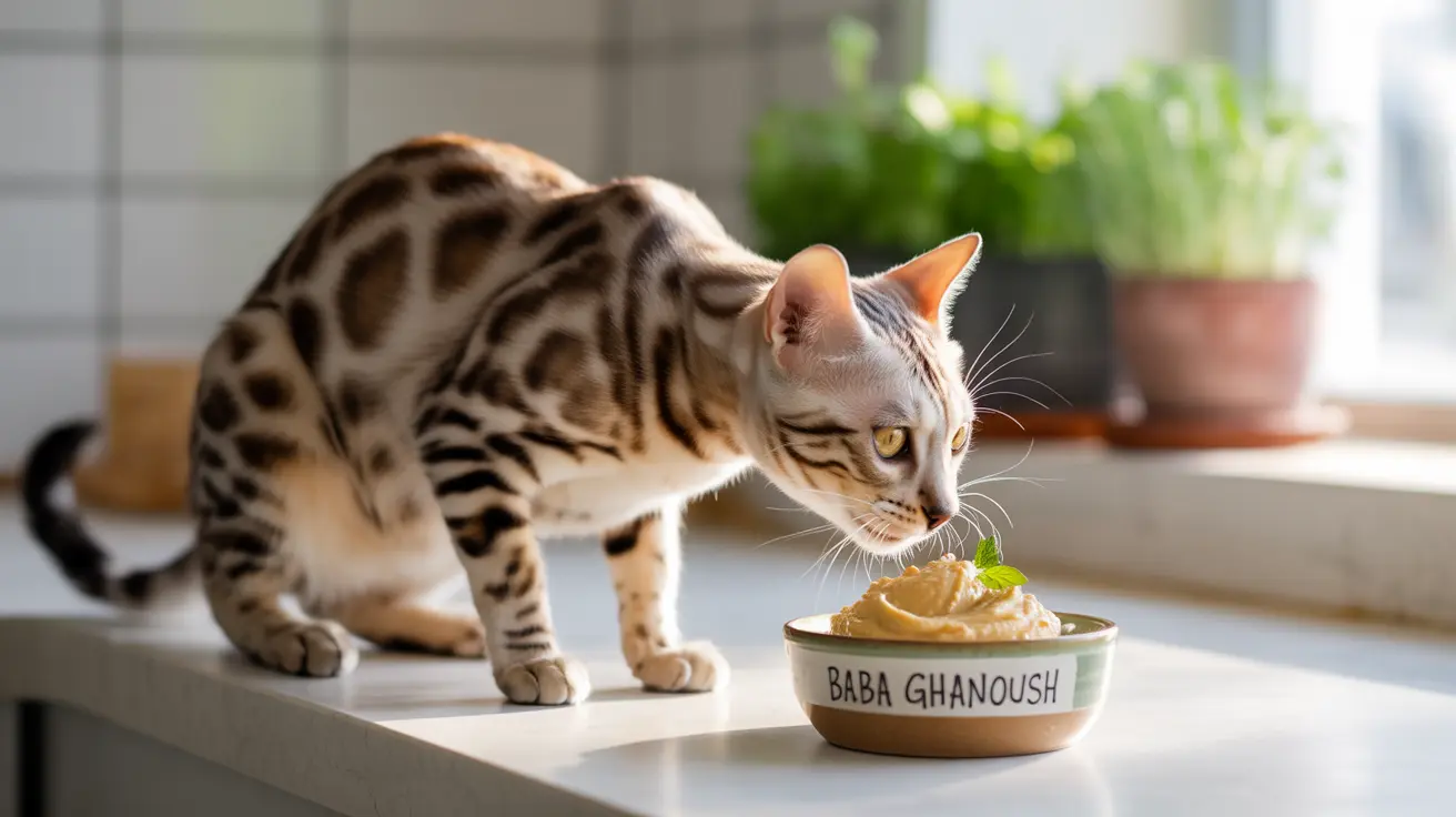 A Bengal cat curiously investigating a bowl of baba ghanoush on a kitchen countertop.