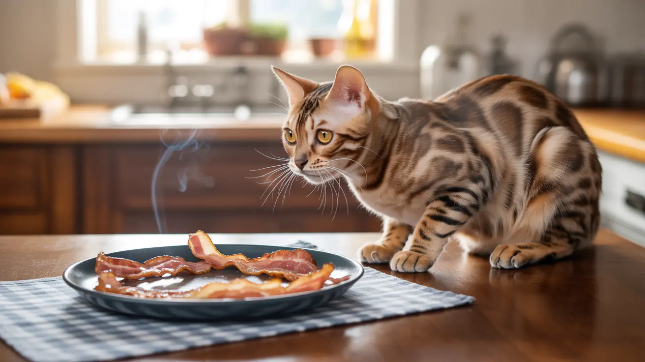 A Bengal cat sitting next to a plate of freshly cooked bacon in a kitchen setting