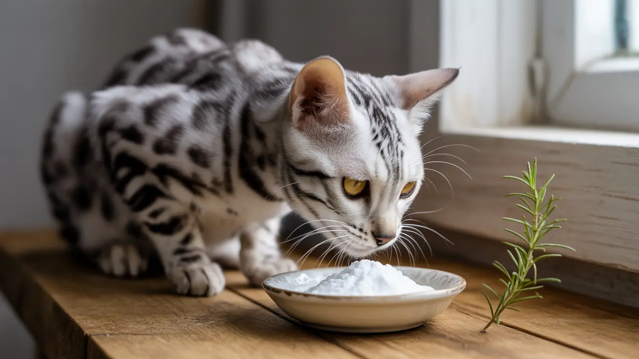 A silver and black spotted Bengal cat examining a white powdery substance in a small dish