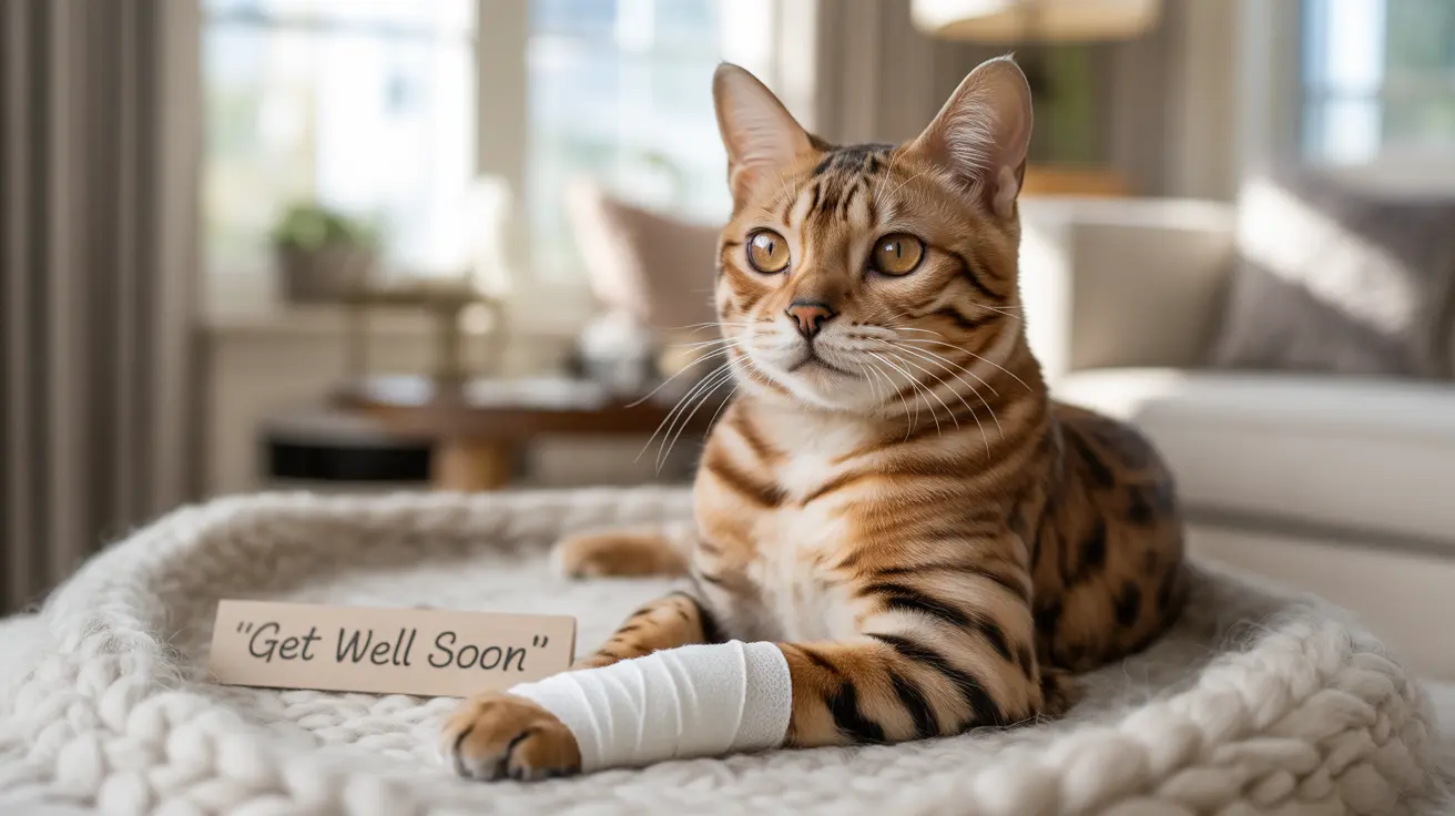 A Bengal cat with a bandaged paw on a fluffy blanket with a 'Get Well Soon' note