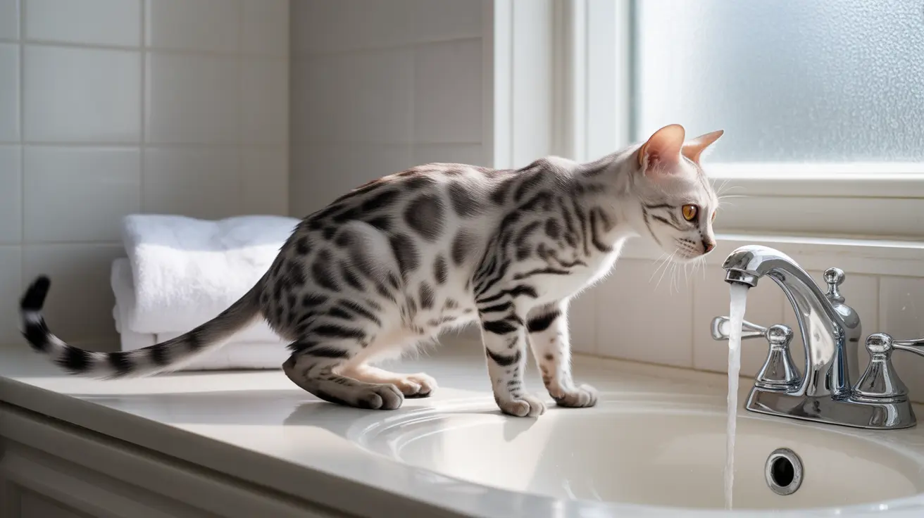 A silver and black spotted Bengal cat sitting on a bathroom sink near a running faucet