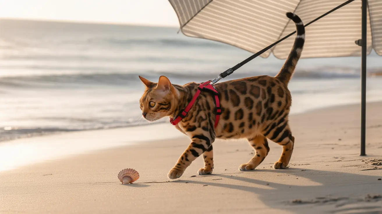 A Bengal cat on a leash walking near a seashell on a sandy beach at sunset