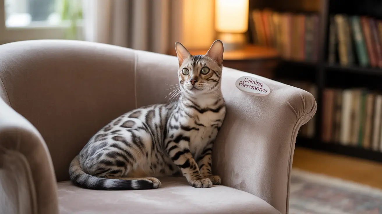A Bengal cat sits alertly on a beige armchair in a cozy, book-lined room.