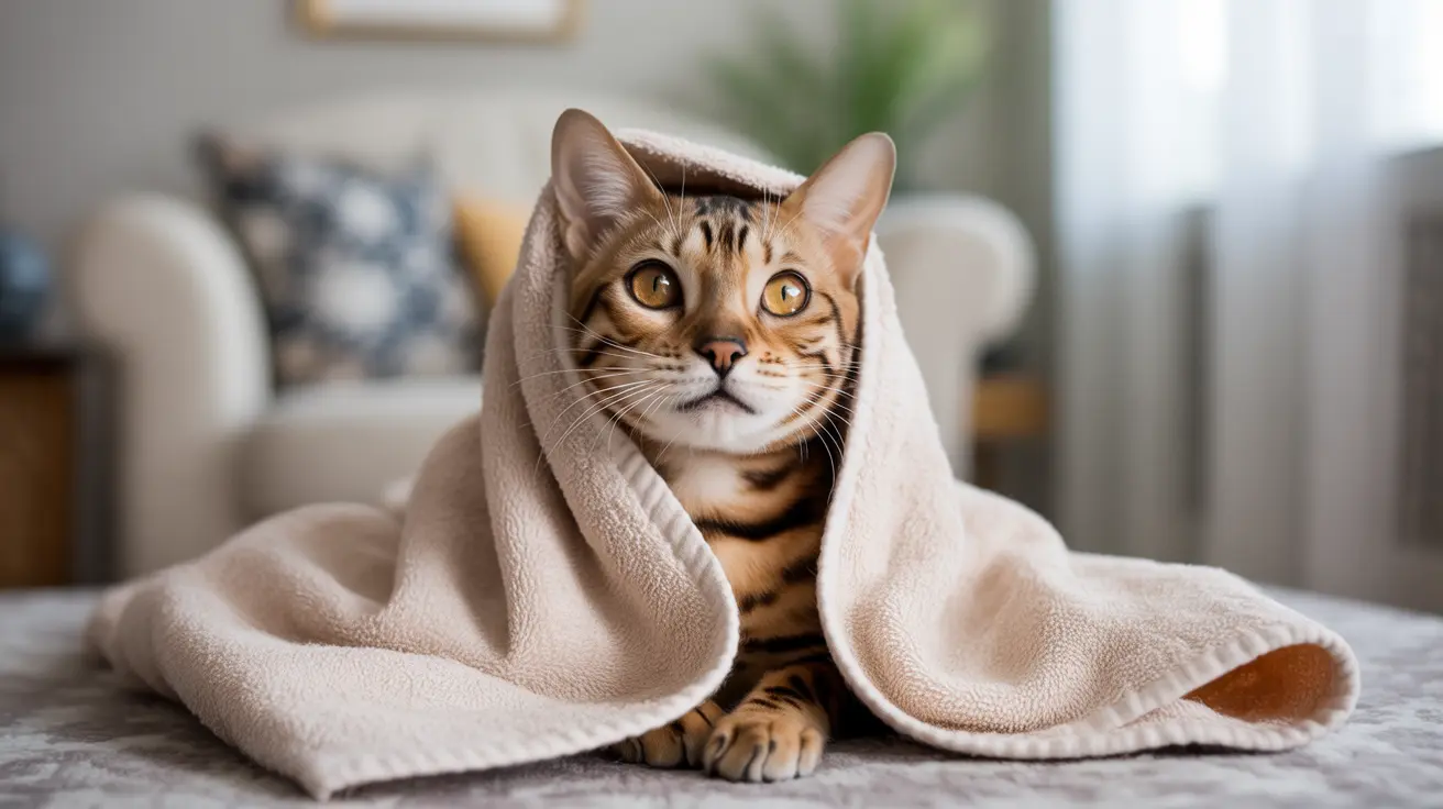 A Bengal cat wrapped in a soft beige blanket with a cozy living room background