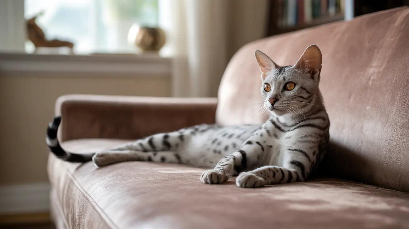 A silver and gray spotted Bengal cat lounging elegantly on a beige couch