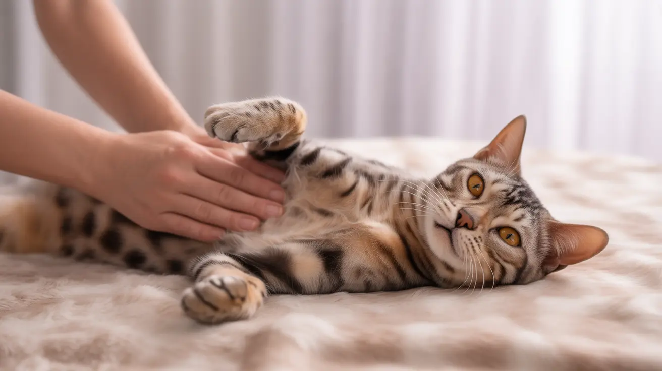 A Bengal cat laying on its back receiving a gentle belly rub from a hand