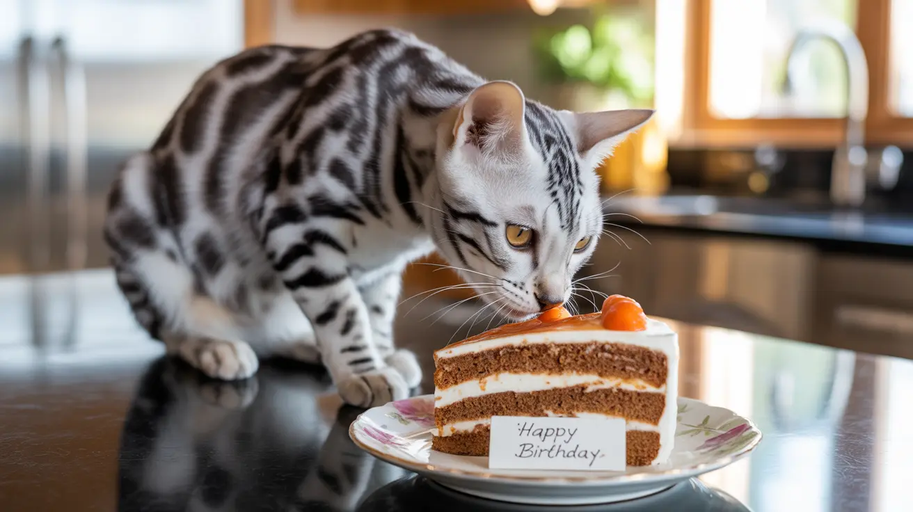 A Bengal cat about to taste a birthday cake with a 'Happy Birthday' card